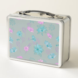 Lichtblauwe en roze bloemige metalen lunchbox