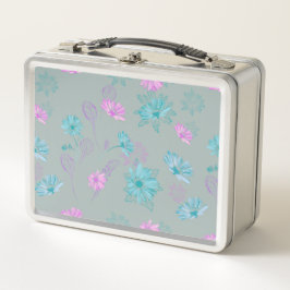 Lichtblauwe en roze bloemige metalen lunchbox