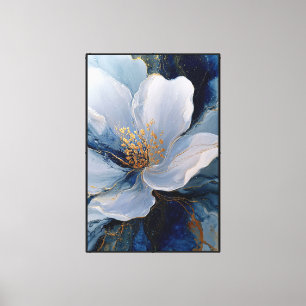 Lichtblauwe en witte bloem met gouden details canvas afdruk