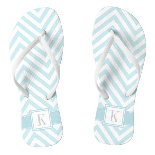 Lichtblauwe en witte Chevron met Monogram Teenslippers