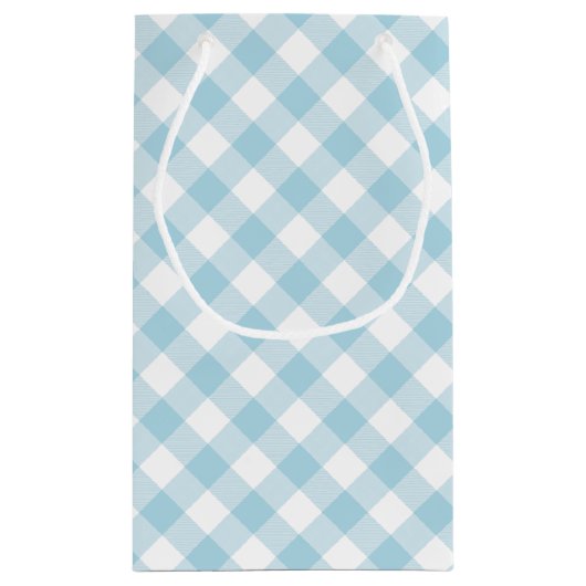 Lichtblauwe en witte diagonale gingham klein cadeauzakje (Achterkant)