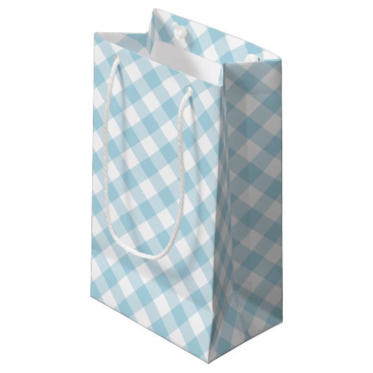 Lichtblauwe en witte diagonale gingham klein cadeauzakje (Voorkant Gekanteld)