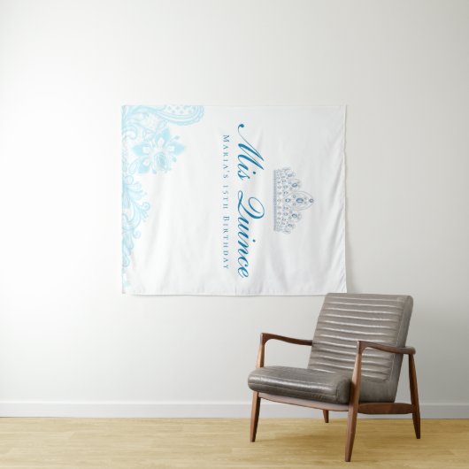 Lichtblauwe en witte kant Quinceanera-achtergrond Wandkleed (In Situ (horizontaal))