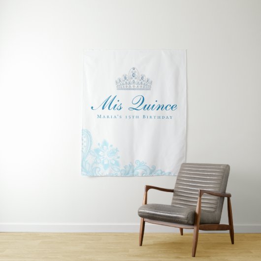 Lichtblauwe en witte kant Quinceanera-achtergrond Wandkleed (In situ)