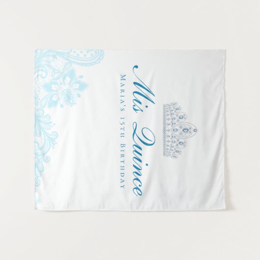 Lichtblauwe en witte kant Quinceanera-achtergrond Wandkleed (Voorkant (horizontaal))