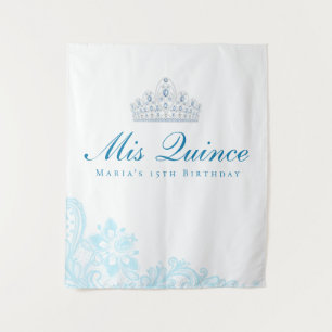Lichtblauwe en witte kant Quinceanera-achtergrond Wandkleed