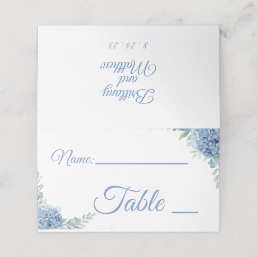 Lichtblauwe en witte trouwplaatskaarten plaatskaartje (Buitenkant ongevouwen)
