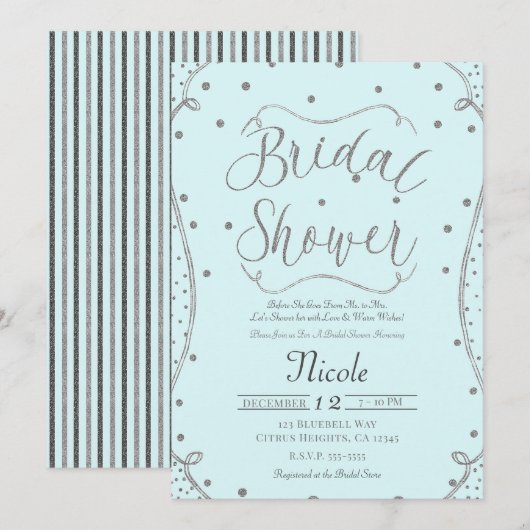 Lichtblauwe en zilveren bruidsdouche kaart (Voorkant / Achterkant)