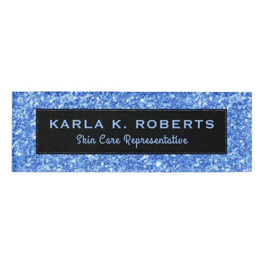 Lichtblauwe faux Glitter & Zwarte Tekst achtergron Naambadge (Voorkant)