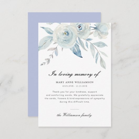 lichtblauwe florale begrafenis bedankt briefje (Voorkant / Achterkant)