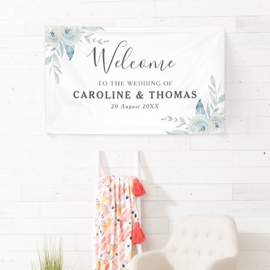 Lichtblauwe florale welkomstbruiloft spandoek (Insitu)