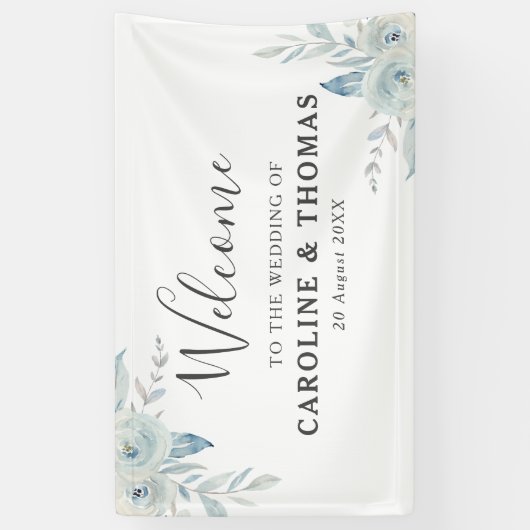 Lichtblauwe florale welkomstbruiloft spandoek (Verticaal)