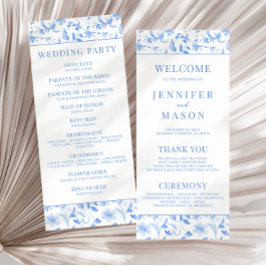 Lichtblauwe folk bloemenbruiloft programmakaart