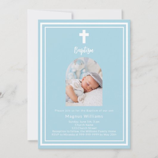 Lichtblauwe foto boog Doopsel Kaart (Voorkant)