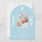 Lichtblauwe foto boog script jongen Doop Kaart (Voorkant)