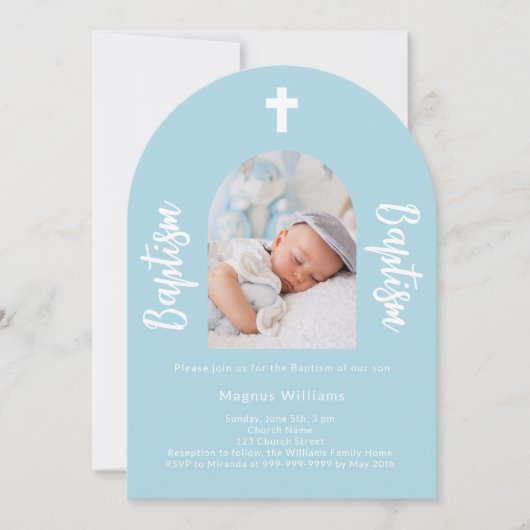 Lichtblauwe foto boog script jongen Doop Kaart (Voorkant)