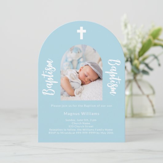 Lichtblauwe foto boog script jongen Doop Kaart (Staand voorkant)