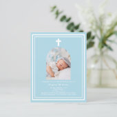 Lichtblauwe foto boogjongen Doopsel uitnodiging (Staand voorkant)