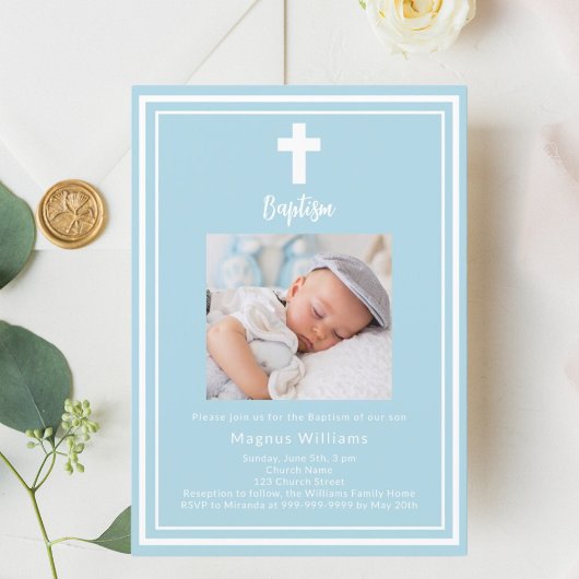 Lichtblauwe foto jongen Doopsel Kaart