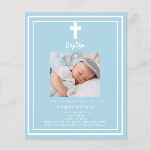 Lichtblauwe foto jongen Doopsel uitnodiging (Voorkant)