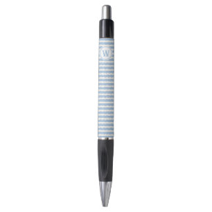 Lichtblauwe gegolfde streep monogram schrijven pen