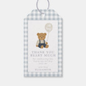 Lichtblauwe geruite teddybeer baby shower cadeaulabel (Voorkant)