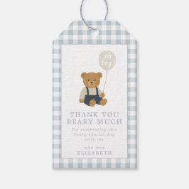 Lichtblauwe geruite teddybeer baby shower cadeaulabel