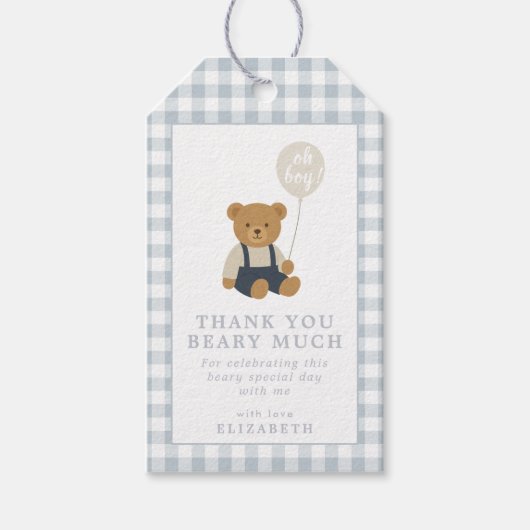 Lichtblauwe geruite teddybeer babyborrel cadeaulabel (Voorkant)