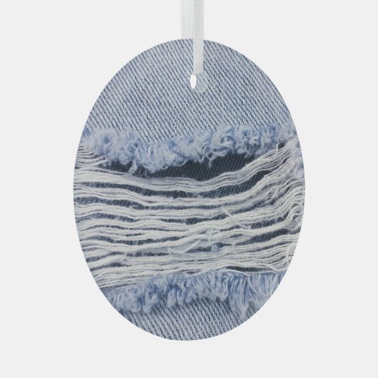 Lichtblauwe gescheurde jeans textuur glas ornament (Voorkant Rechts)