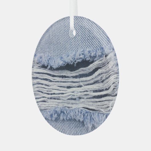 Lichtblauwe gescheurde jeans textuur glas ornament (Voorkant links)