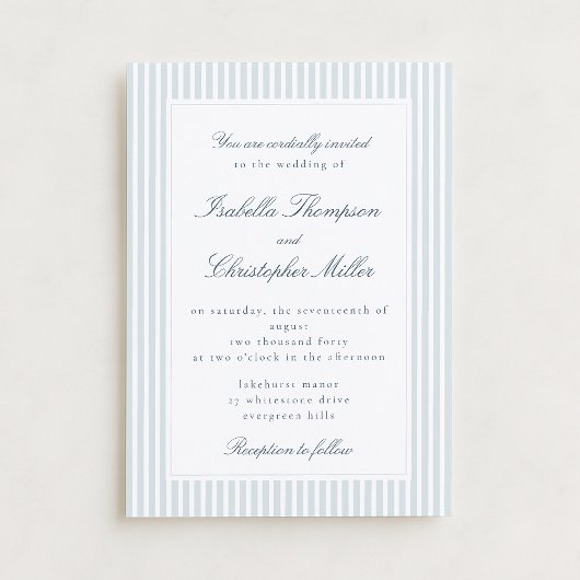 Lichtblauwe gestreepte moderne script huwelijksuit kaart