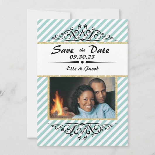 Lichtblauwe gestreepte Save the Date platte fotoka (Voorkant)