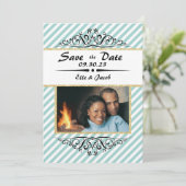 Lichtblauwe gestreepte Save the Date platte fotoka (Staand voorkant)