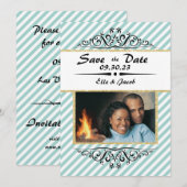 Lichtblauwe gestreepte Save the Date platte fotoka (Voorkant / Achterkant)