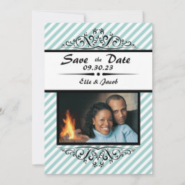 Lichtblauwe gestreepte Save the Date platte fotoka