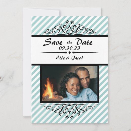 Lichtblauwe gestreepte Save the Date platte fotoka (Voorkant)