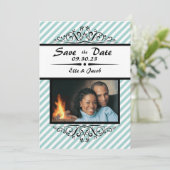 Lichtblauwe gestreepte Save the Date platte fotoka (Staand voorkant)