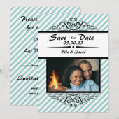Lichtblauwe gestreepte Save the Date platte fotoka (Voorkant / Achterkant)