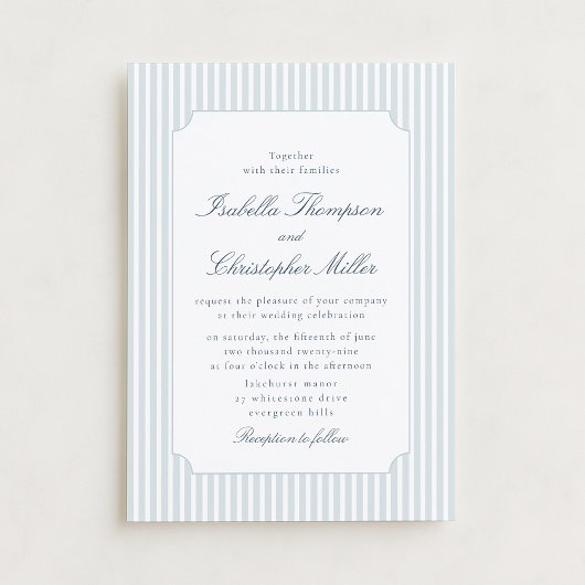 Lichtblauwe gestreepte wedding uitnodiging met lij