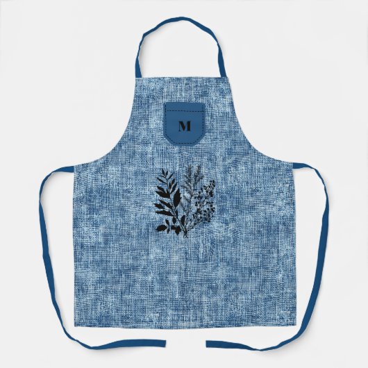 Lichtblauwe gestructureerde stof met zwart kruiden schort (Voorkant)