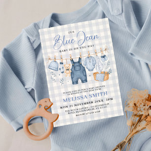 Lichtblauwe Gingham Blauwe Spijkerbaby Shower Kaart