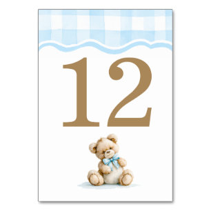 Lichtblauwe Gingham En Teddibeer Baby Shower Kaart
