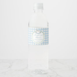Lichtblauwe gingham paard crest baby jongen douche waterfles etiket