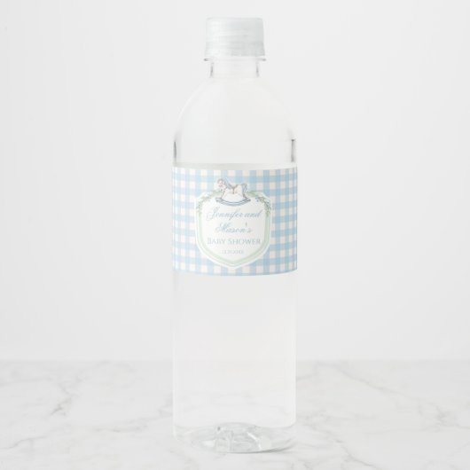 Lichtblauwe gingham paard crest baby jongen douche waterfles etiket (Voorkant)