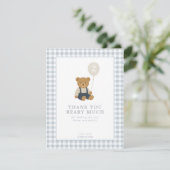 Lichtblauwe Gingham Teddy Bear bedankkaart Kaart (Staand voorkant)