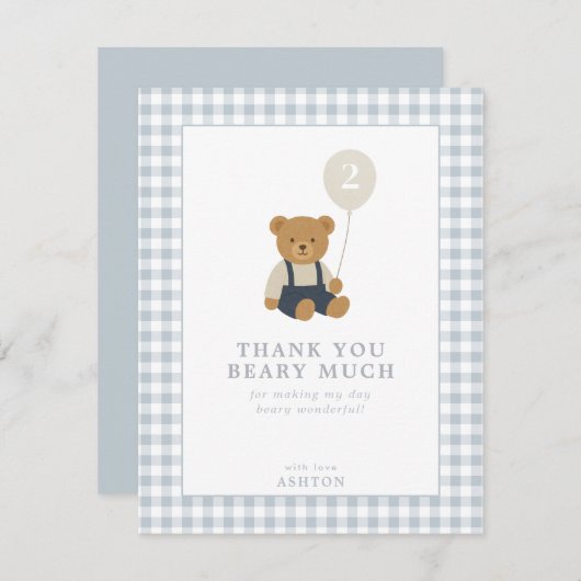 Lichtblauwe Gingham Teddy Bear bedankkaart Kaart (Voorkant / Achterkant)