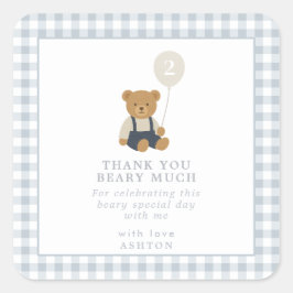 Lichtblauwe Gingham Teddy Bear Verjaardag Vierkante Sticker