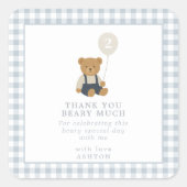 Lichtblauwe Gingham Teddy Bear Verjaardag Vierkante Sticker (Voorkant)