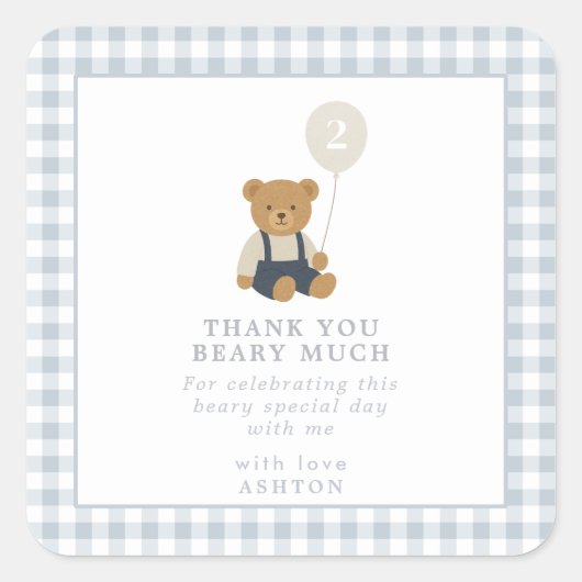 Lichtblauwe Gingham Teddy Bear Verjaardag Vierkante Sticker (Voorkant)
