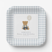 Lichtblauwe Gingham Teddy Bear Verjaardagsfeestje Papieren Bordje (Voorkant)